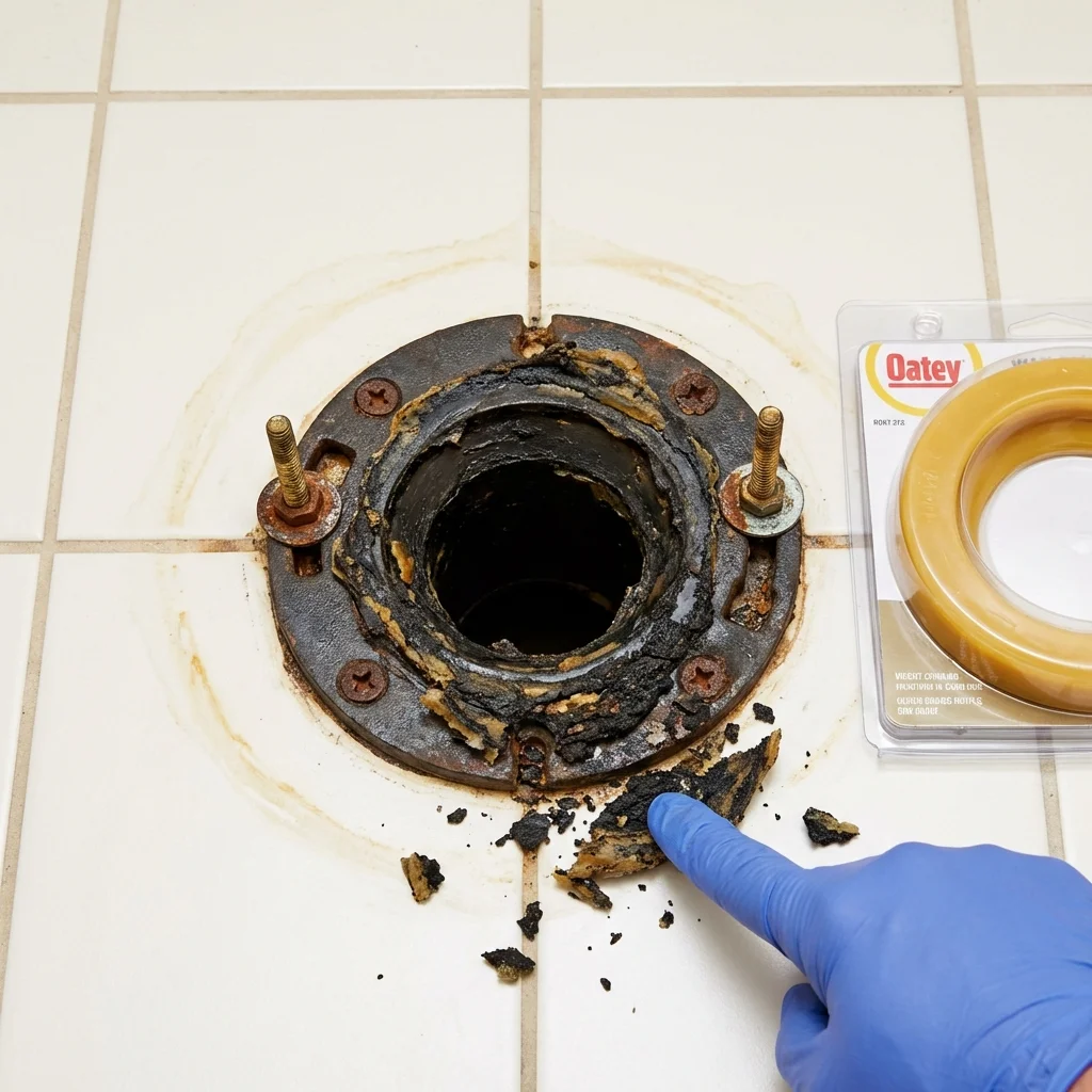Failed wax ring showing water seepage at the base of a toilet in a Wyoming, PA home