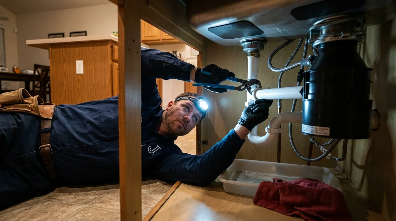 P-trap and supply line connections under a kitchen sink showing a common leak point in Wyoming, PA